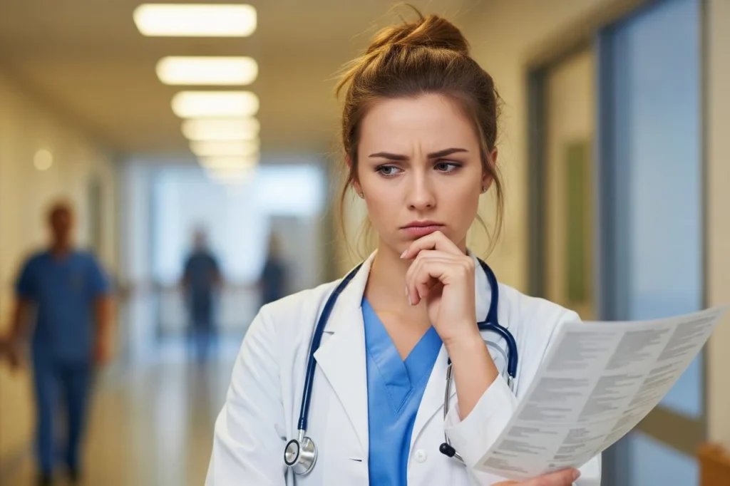 giovane medico donna pensierosa